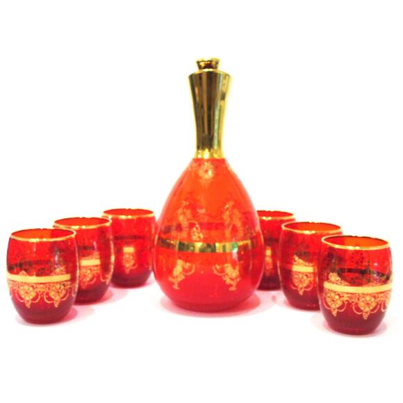 VTG Ferro Lazzarini Italian MURANO GLASS 10" DECANTER SET 8PC Ruby Red 24k Gold - Picture 6 of 7